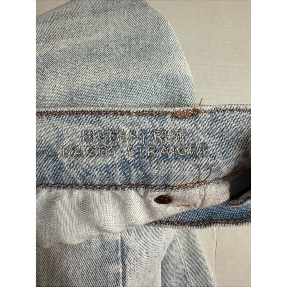 American Eagle Hi Rise Straight Baggy Jeans Size 12 Distressed Cross Over Button - Picture 5 of 7